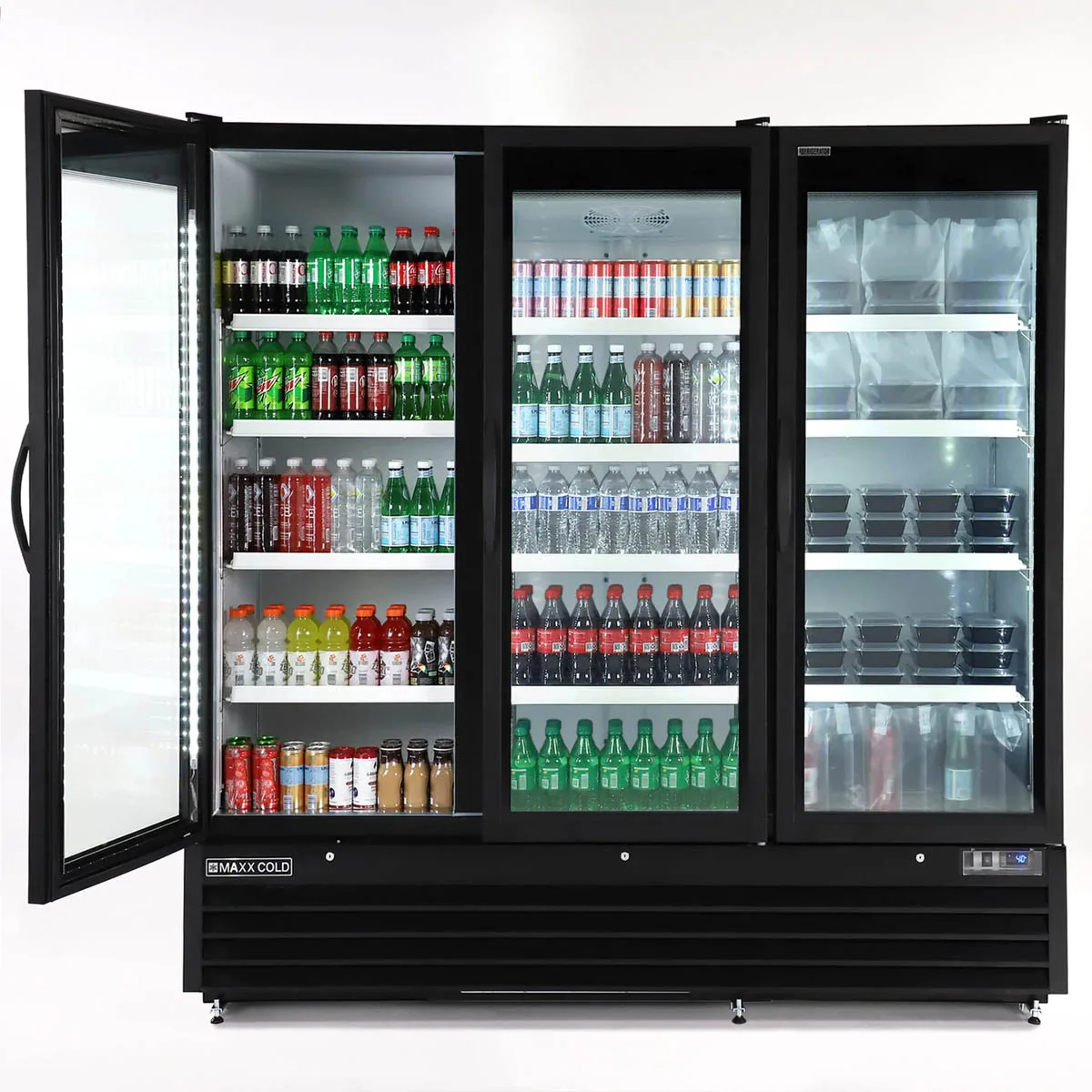 Maxx Cold MXGDM-73RBHC 81" Triple Door Glass Merchandiser, 73 cu ft, 2/3 HP Compressor, Lockable Doors