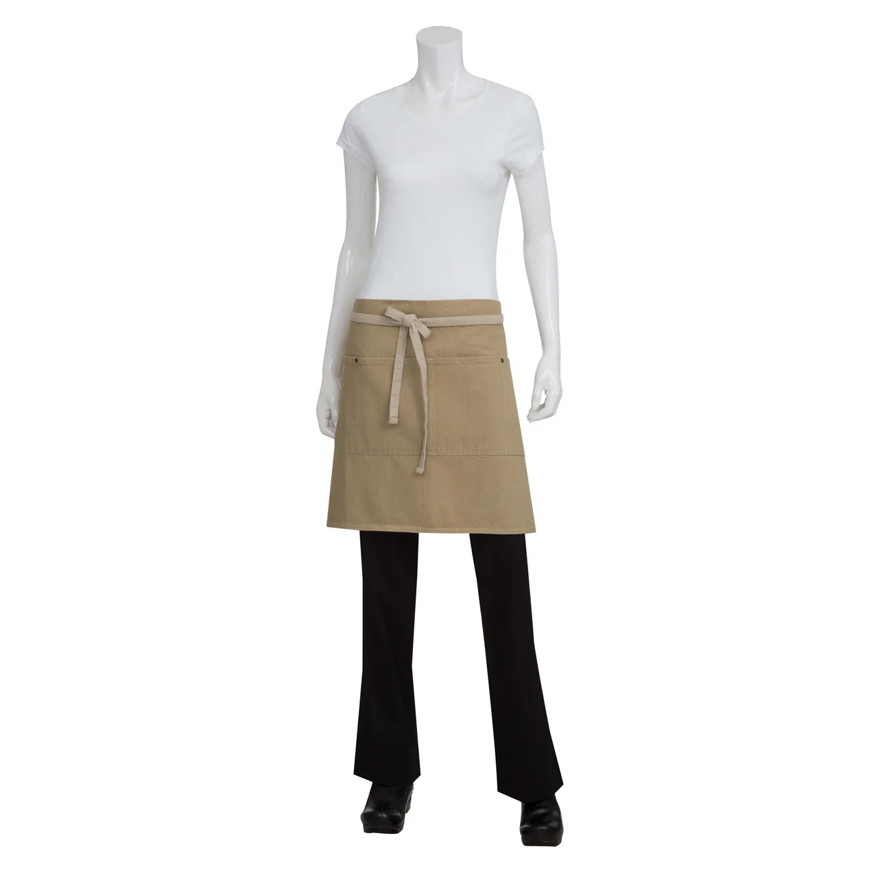 Chef Works ALWCD026-NAT-0 Waist Apron, 19"L x 28"W, Natural 100% Cotton Denim Khaki Double Pockets
