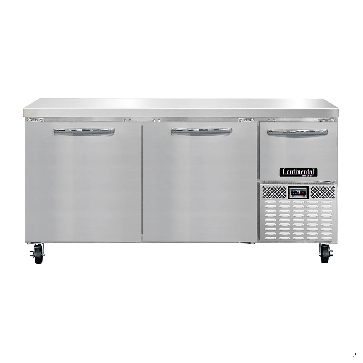 Continental Refrigerator RA68N 68" Worktop Refrigerator w/ 2 Full & 1 Half Doors, Stainless Steel Flat Top