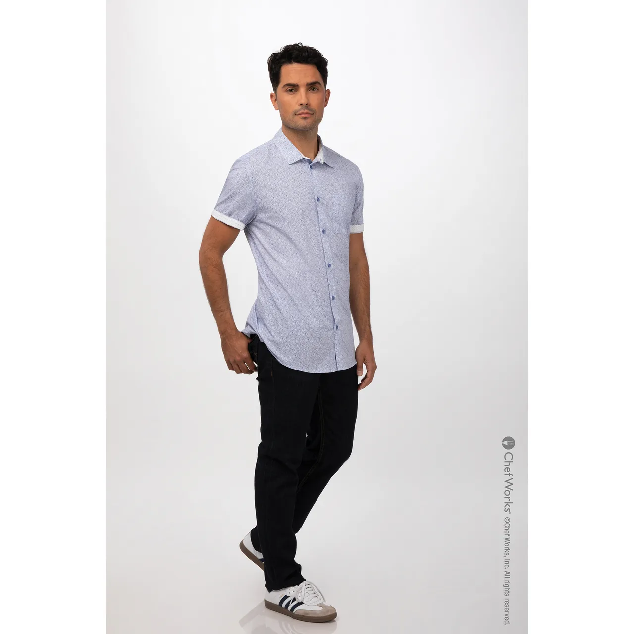 Chef Works SHC07-BLU-M Charleston Cook Shirt, Medium, Blue, Short Sleeve, Button Front, Poly/Cotton