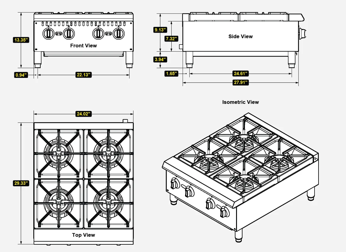 Serv-Ware SHPS-24 24" Countertop Gas Hotplate w/ (4) Burners, Manual Controls, 100.000 BTU