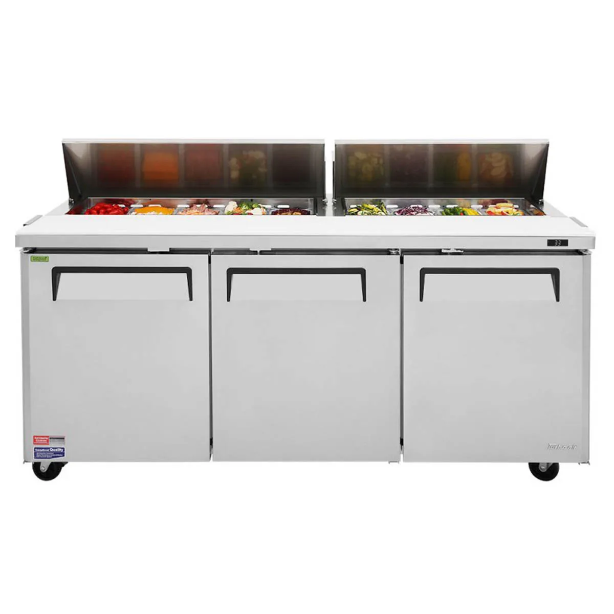 Turbo Air MST-72-N 72" Three Section Sandwich / Salad Prep Table w/ 3 Doors, 18 Pans
