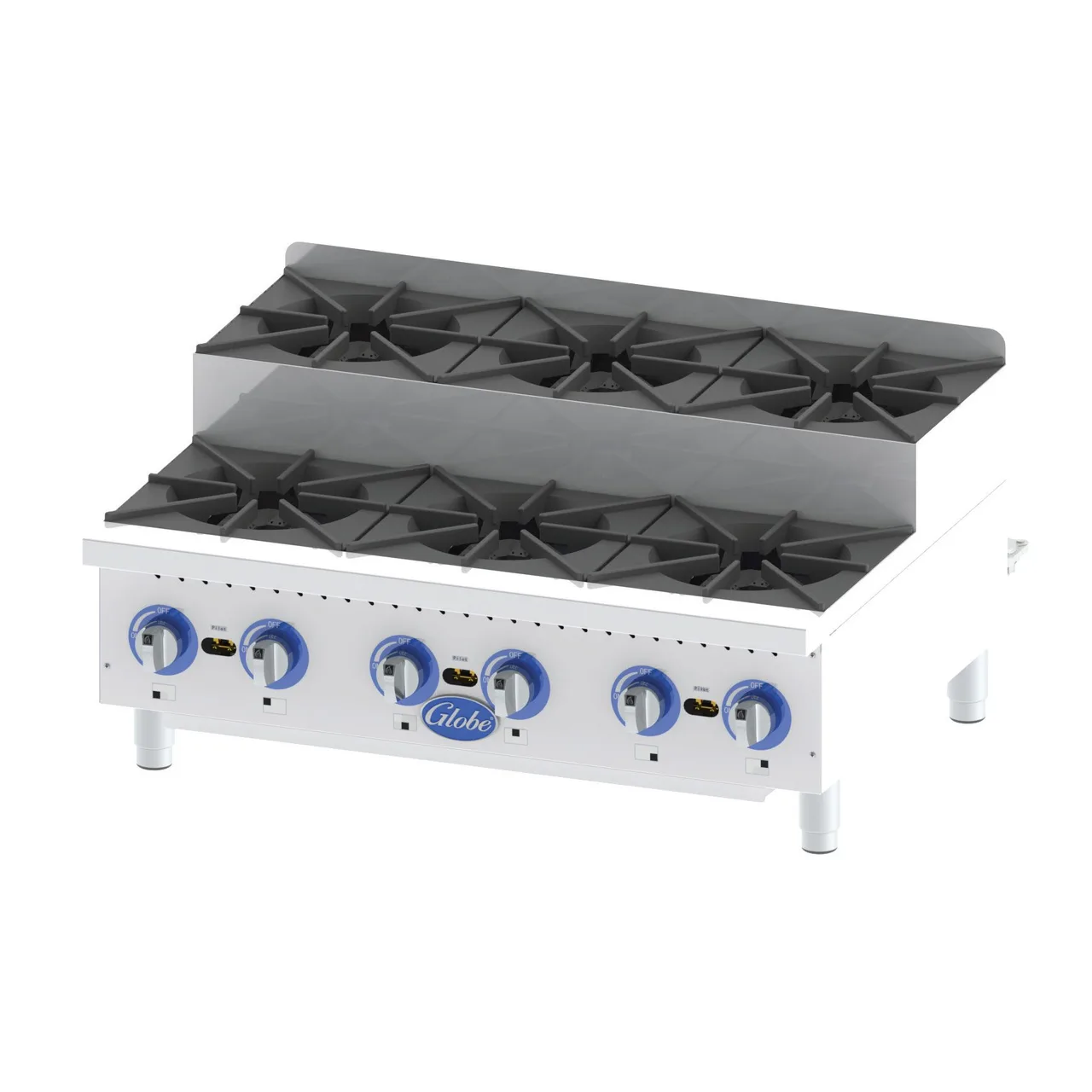 Globe GHPSU636G 36" Countertop Step-Up Gas Hotplate with (6) Burners, 180.000 BTU