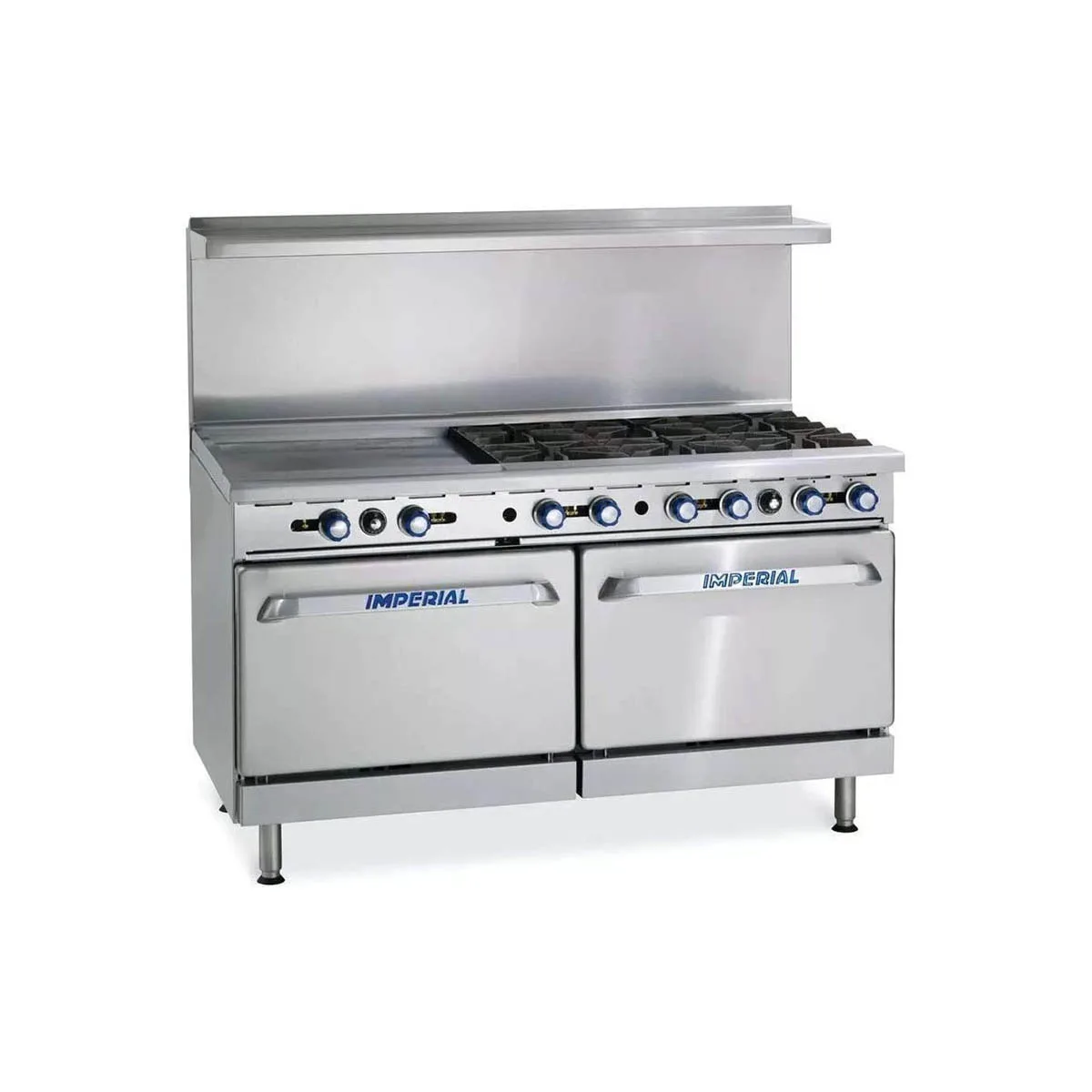 Imperial IR-6-G12 48" Gas Restaurant Range w/ (6) Open Burners,12" Griddle, (2) Space Saver Ovens, 266.000 BTU