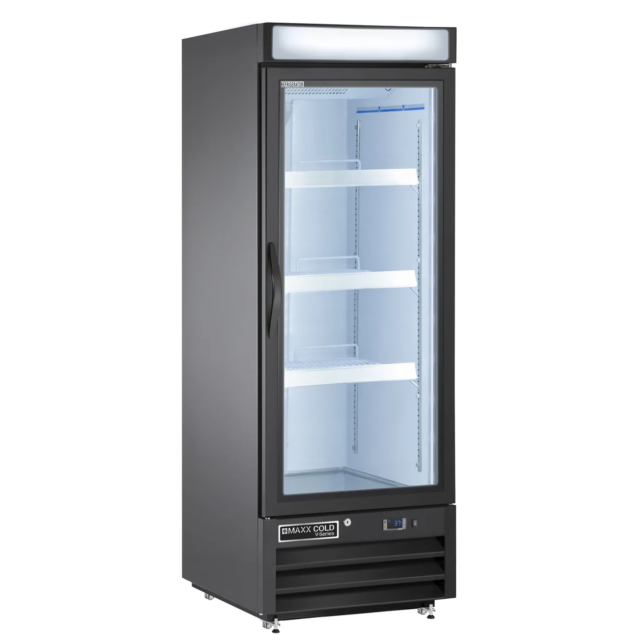 Maxx Cold MVMR16B - 25" Black Glass Door Merchandiser Refrigerator, 16 cu. ft., 4 Shelves, R290