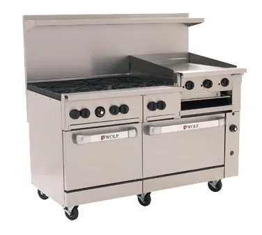 Wolf C60SS-6B24GB 60" Gas Restaurant Range w/ (6) Open Burners, 24" Raised Griddle/Broiler Right, (2) Standard Ovens, 268.000 BTU