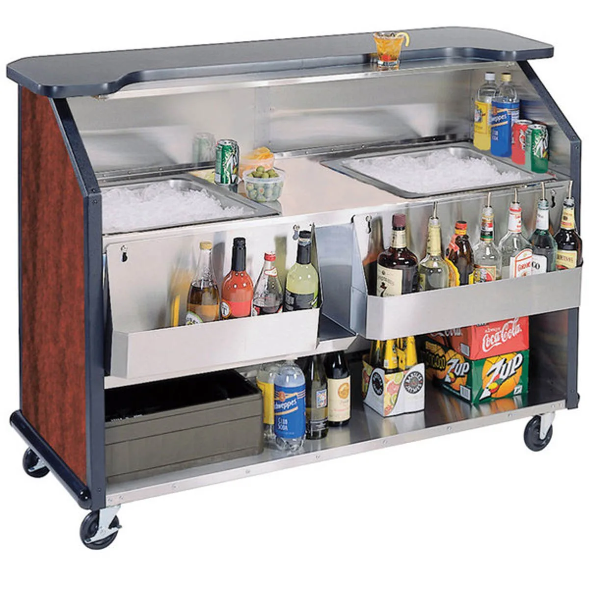 Lakeside 886 63" Portable Bar with Laminate Finish, Removable (2) 7-Bottle Speed Rail, and (2) 40 lb. Ice Bin