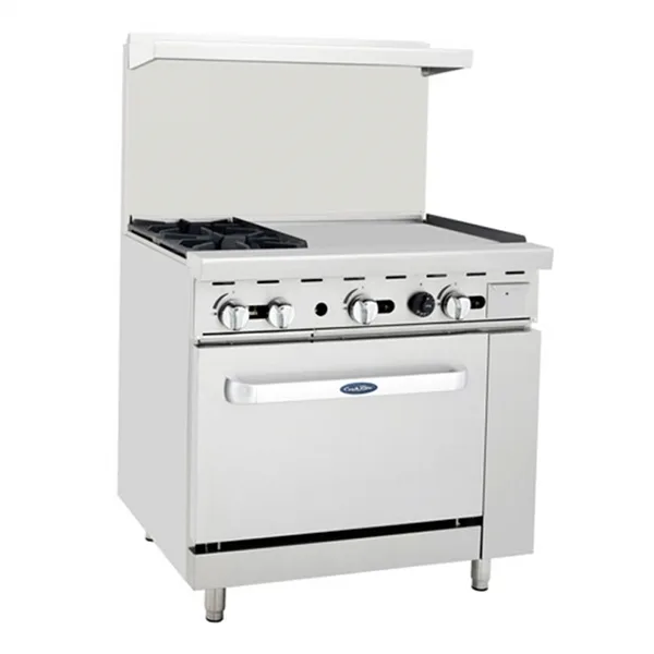 Atosa gas range with open burners and griddle