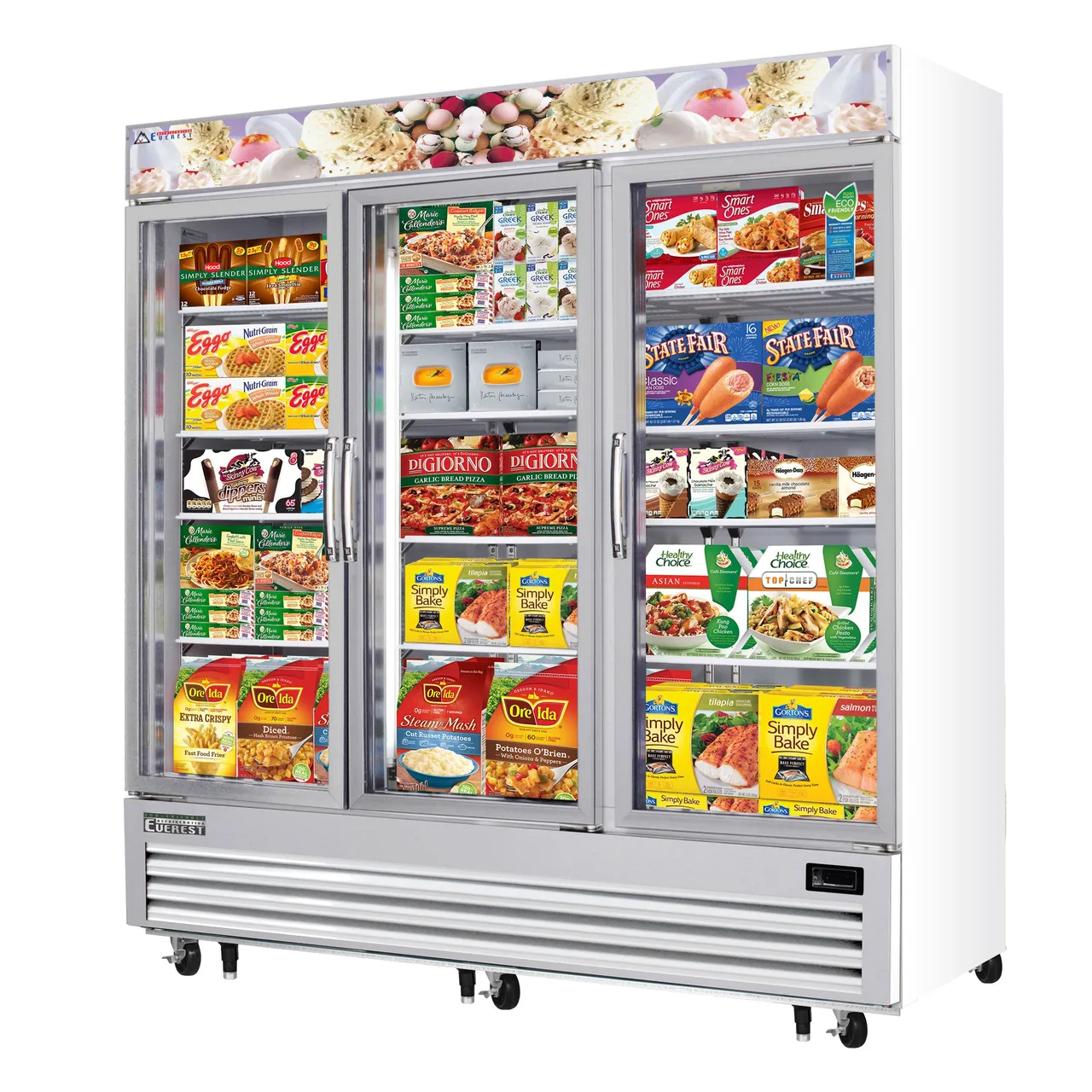 Everest EMGF69 74" 3 Glass Door Freezer Merchandiser in White, 69 cu. ft.