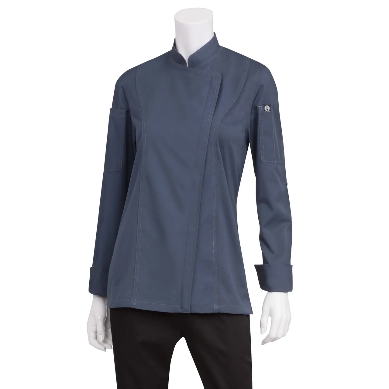 Chef Works BCWLZ005-BLU-M Women's Hartford Chef Coat Medium Blue Fit Roll‑Up Sleeves 2‑Way Zipper
