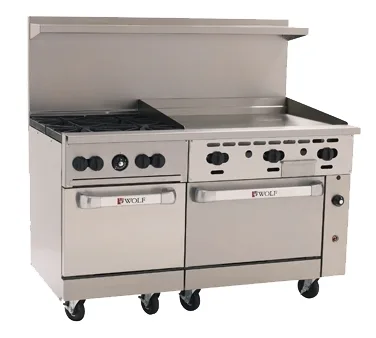 Wolf C60SS-4B36G 60" Gas Restaurant Range w/ (4) Open Burners, 36" Griddle Right, (2) Standard Ovens, 238.000 BTU