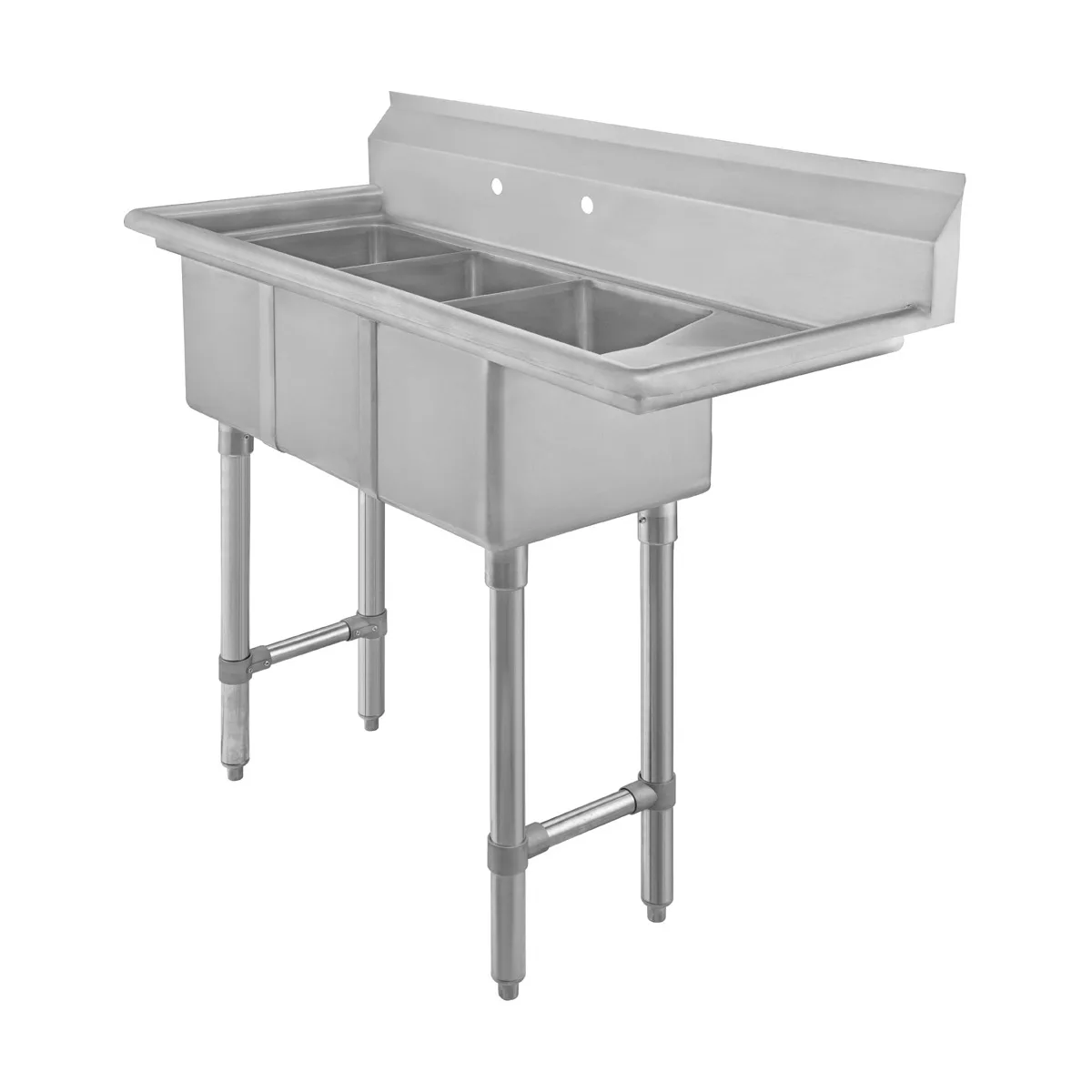 Klinger's Trading CON3DR 44" Three Compartment Sink, 10"W x 14"L Bowl With Right-Hand Drainboard