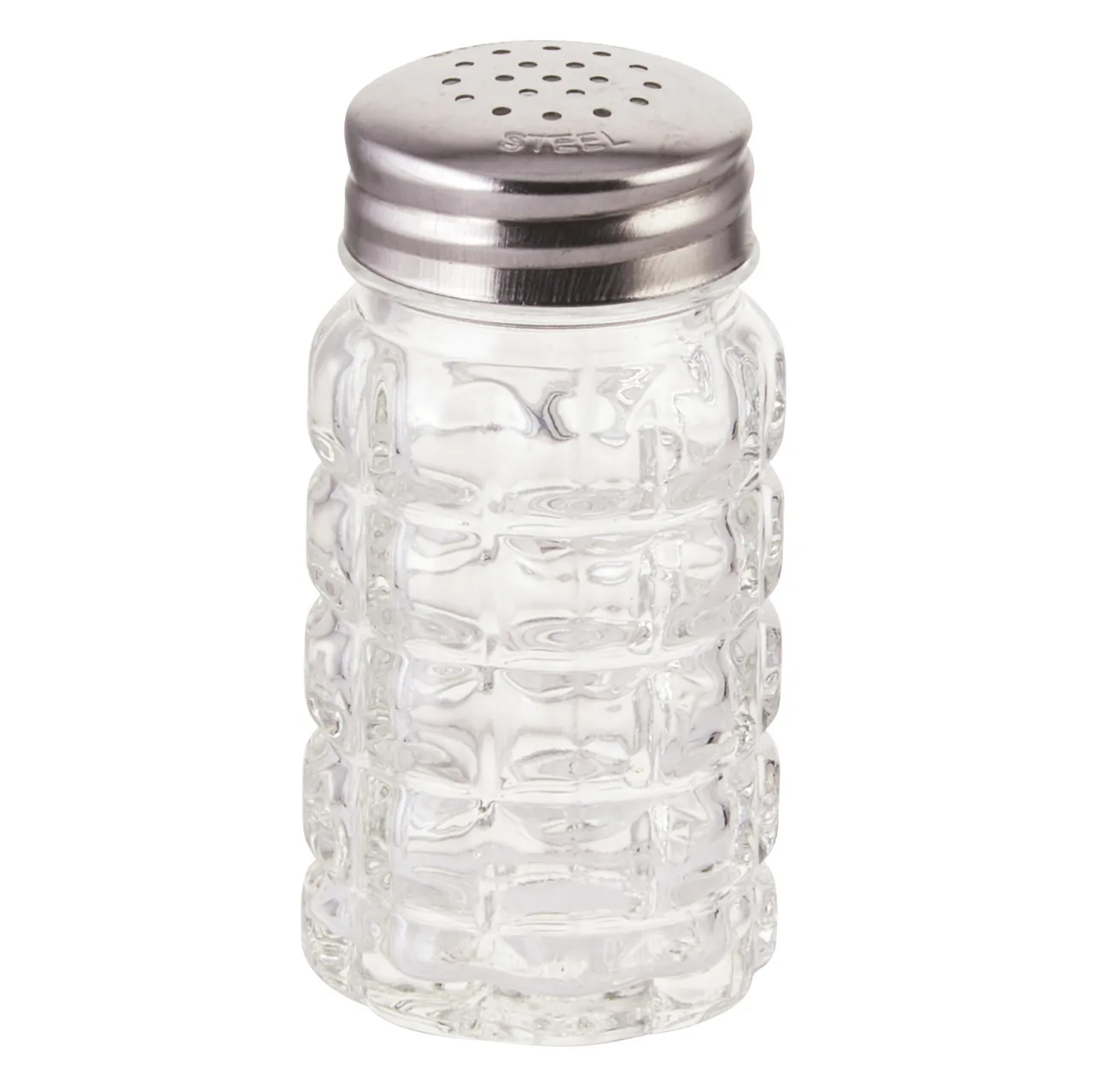 Winco G-118 2 oz Single Salt & Pepper Shaker, Glass Jar with Stainless Steel Flat Top - 1 Dozen