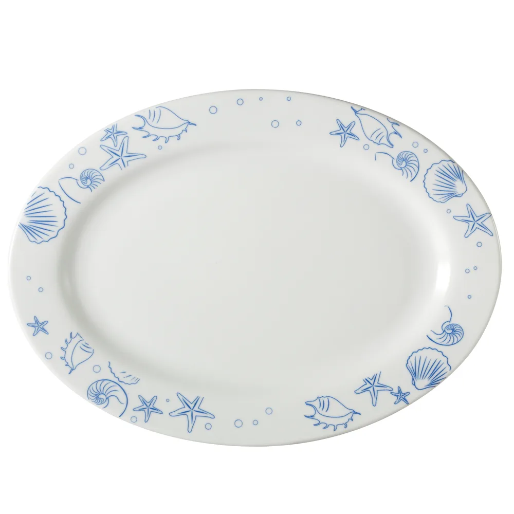 CAC China ATC-81 Seashell Platter, 18"L x 12-1/2"W x 1-3/4"H, Porcelain, Blue Rim White Dishwasher Safe