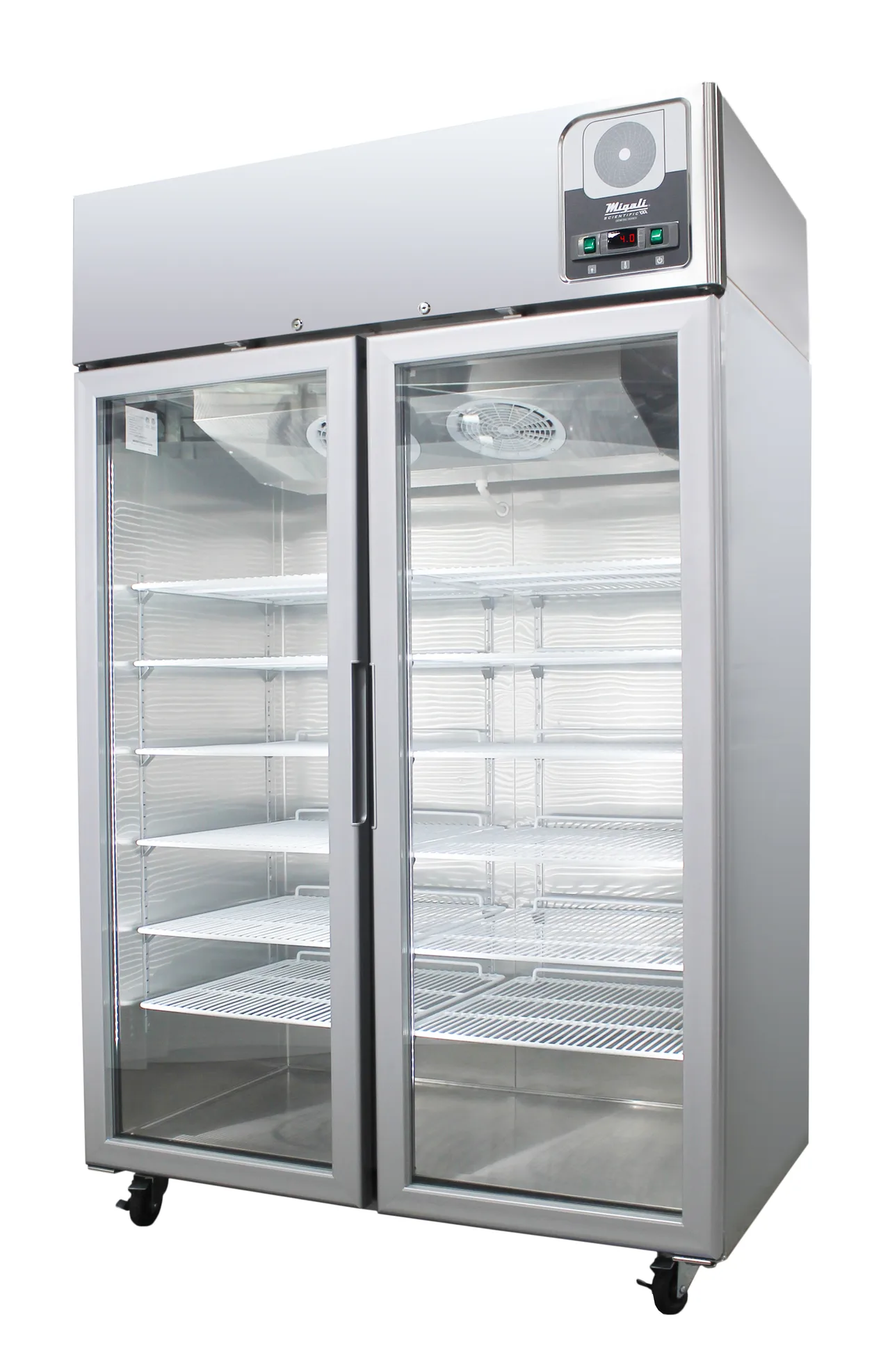 Migali G-2RG-HC 51" Glass Door Medical Refrigerator, 44.9 Cu Ft, R290, 10 Shelves, 4 Casters, 115V