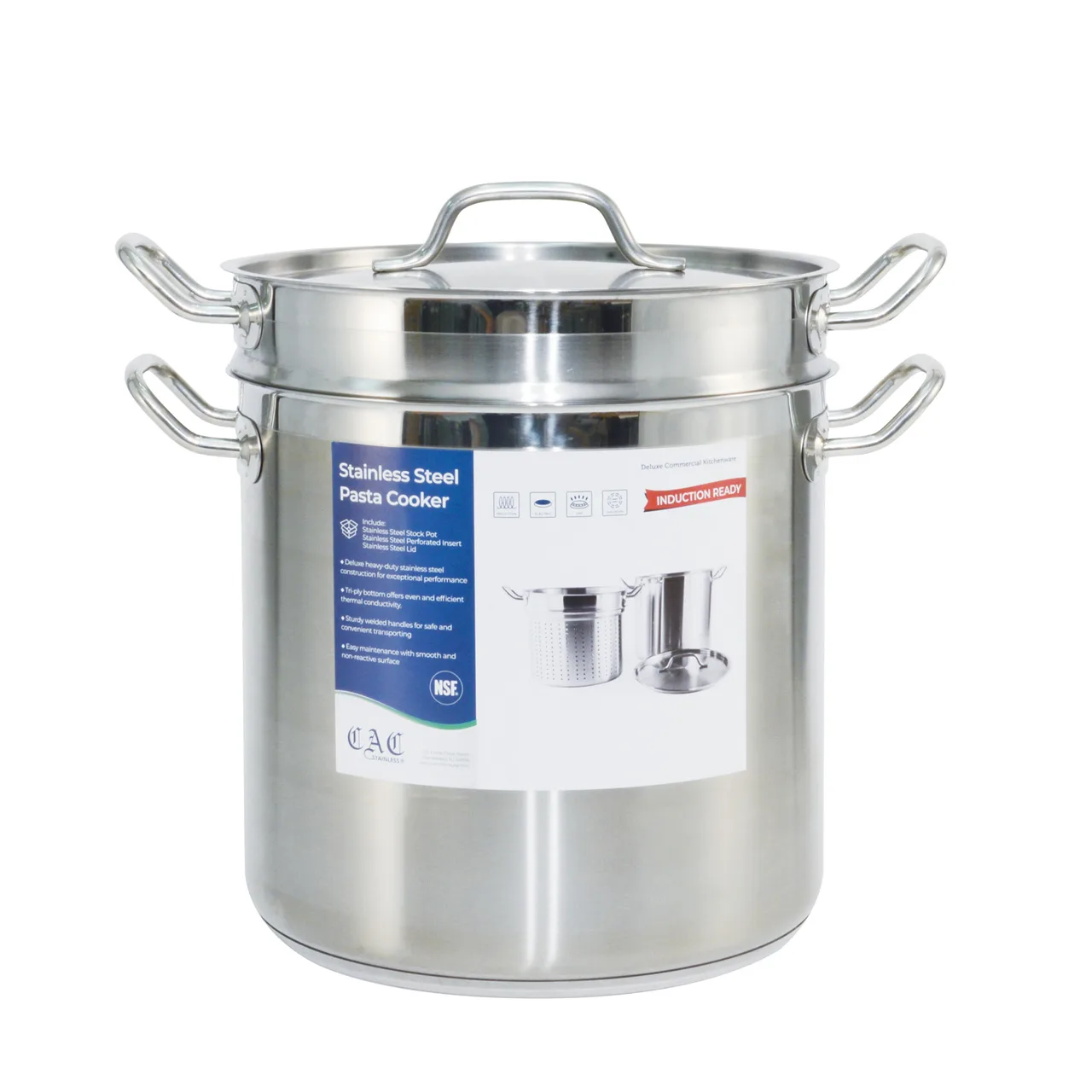 CAC China SPDB-16 Pasta Cooker, 16 Qt, 11" x 10-3/8" Induction Ready, Stainless Steel Bottom - Set