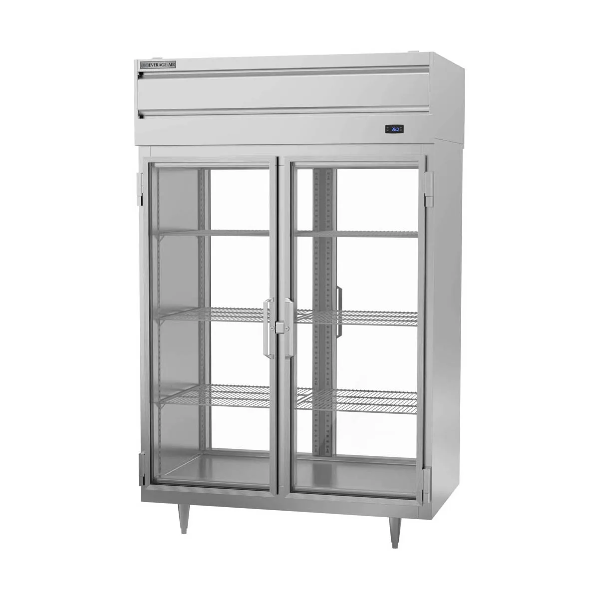 Beverage Air PRD2HC-1BG 52" 2-Section Pass-Thru Refrigerator w/ 4 Glass Full Doors, Top Mounted, 48.3 cu. ft.