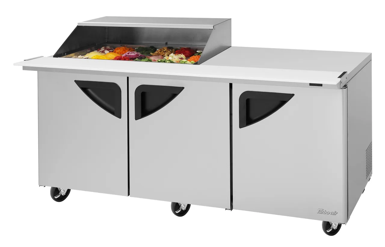 Turbo Air TST-72SD-18M-N-SL(-LW) 72" 3-Door Mega Top Sandwich and Salad Prep Table, 18 Pans, Stainless Steel