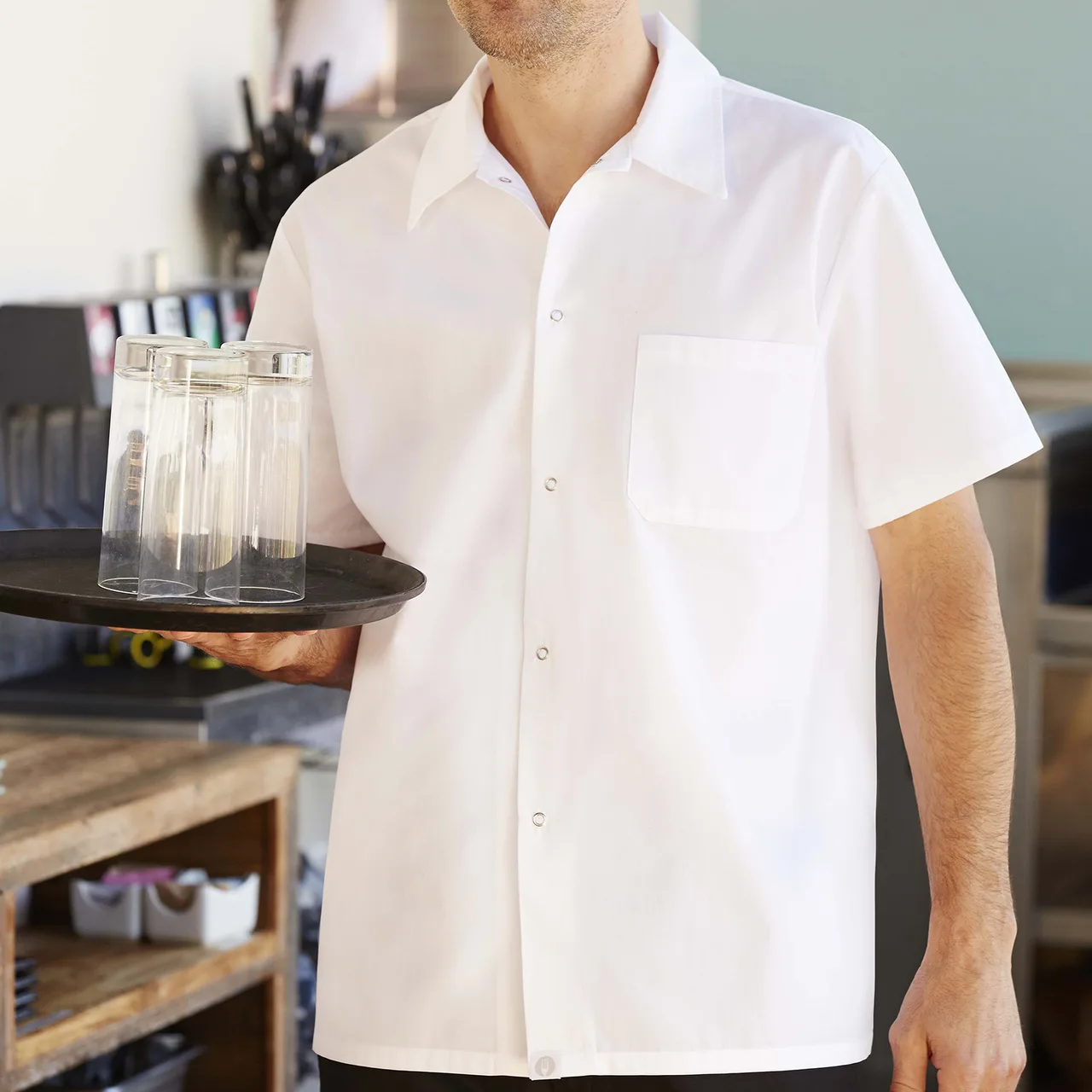 Chef Works SHYK-WHT-XL White Utility Cook Shirt, XL, 65/35 Poly/Cotton, Short Sleeves, Snap Front