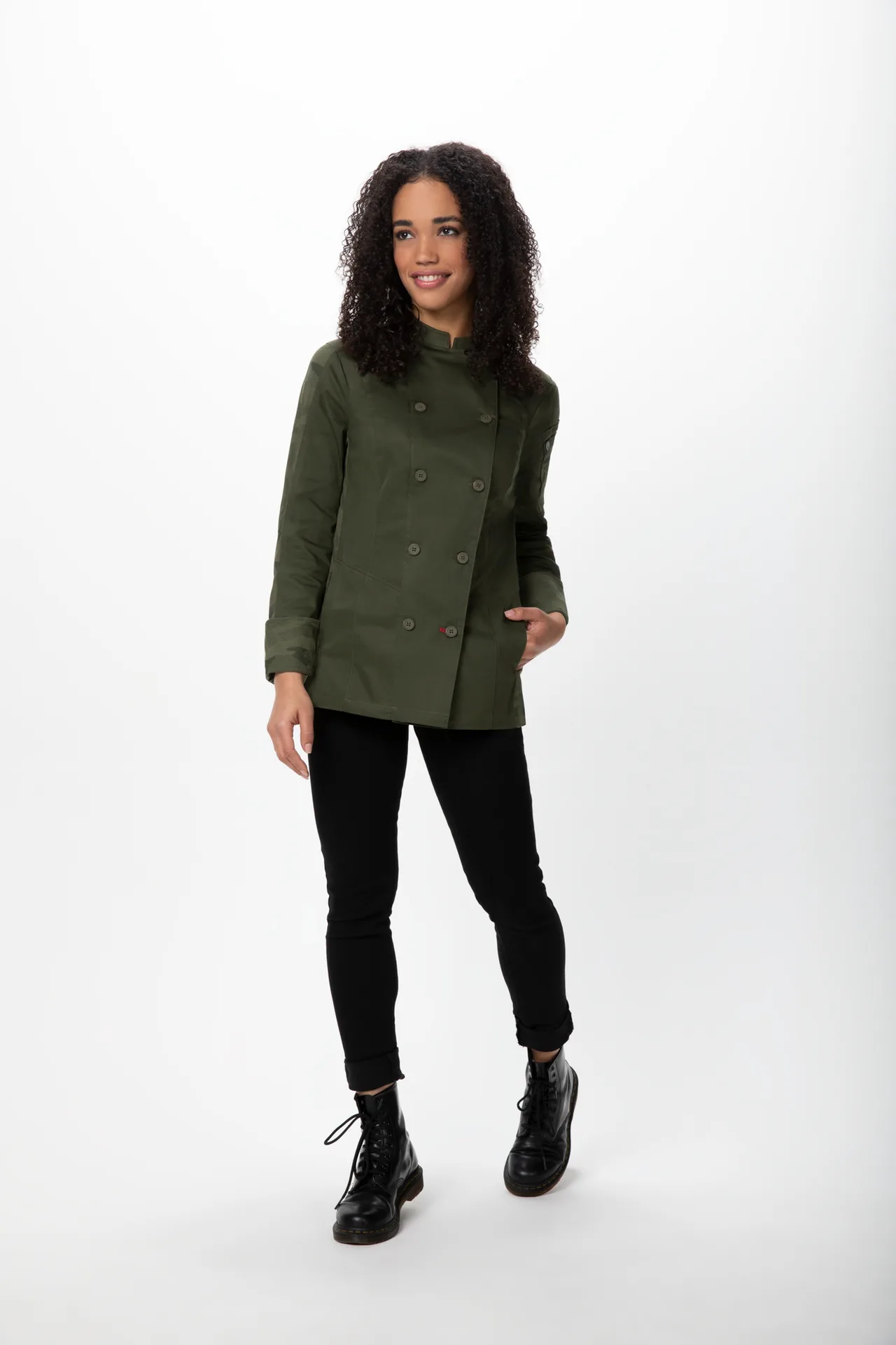 Chef Works CBN01W-OLI-3XL Double‑Breasted Chef Coat, Olive 3XL, Polyester, Mesh, Thermometer Pocket