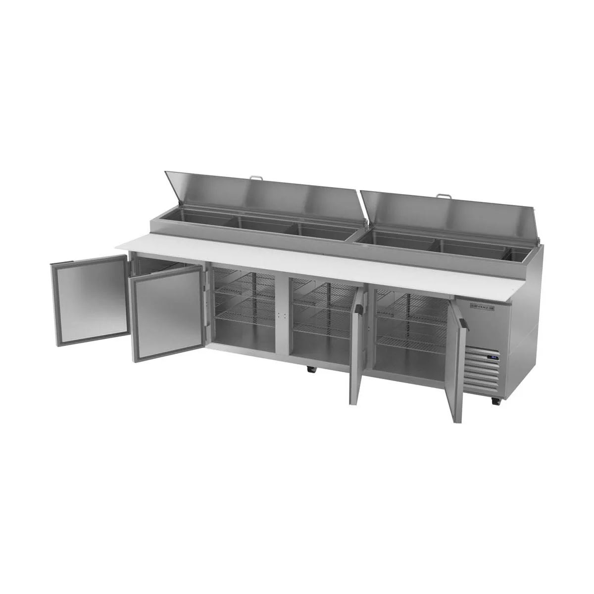 Beverage-Air DP119HC 119" 4-Section Refrigerated Pizza Prep Table w/ 4 Doors, 42 cu. ft.