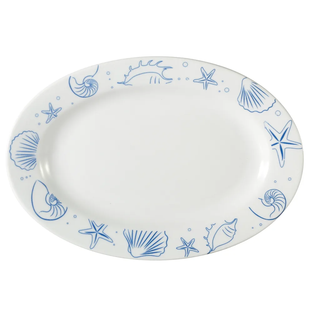 CACChina ATC-51 Oval Platter, 15"L×10-1/4"W×1-1/2"H, Porcelain, Blue/White, Dishwasher Safe - Dozen