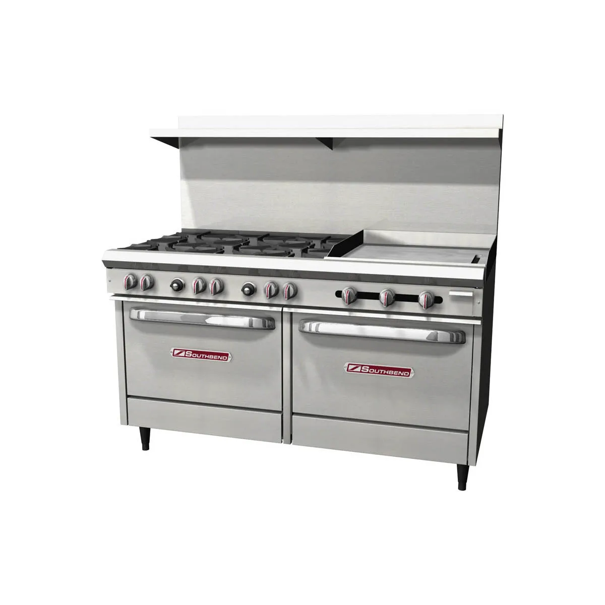 Southbend S60DD-2GR 60"Gas Restaurant Range w/ (6) Open Burners, 24" Griddle Right, (2) Standard Ovens, 286.000 BTU
