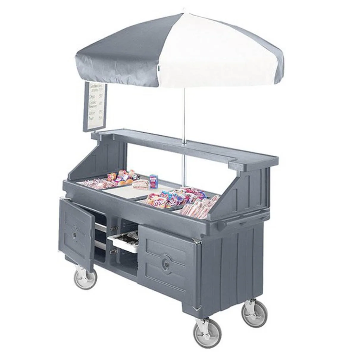 Cambro CVC724191 Camcruiser Granite Gray Vending Cart w/ Umbrella, 4 Counter Wells, 3 Compartments