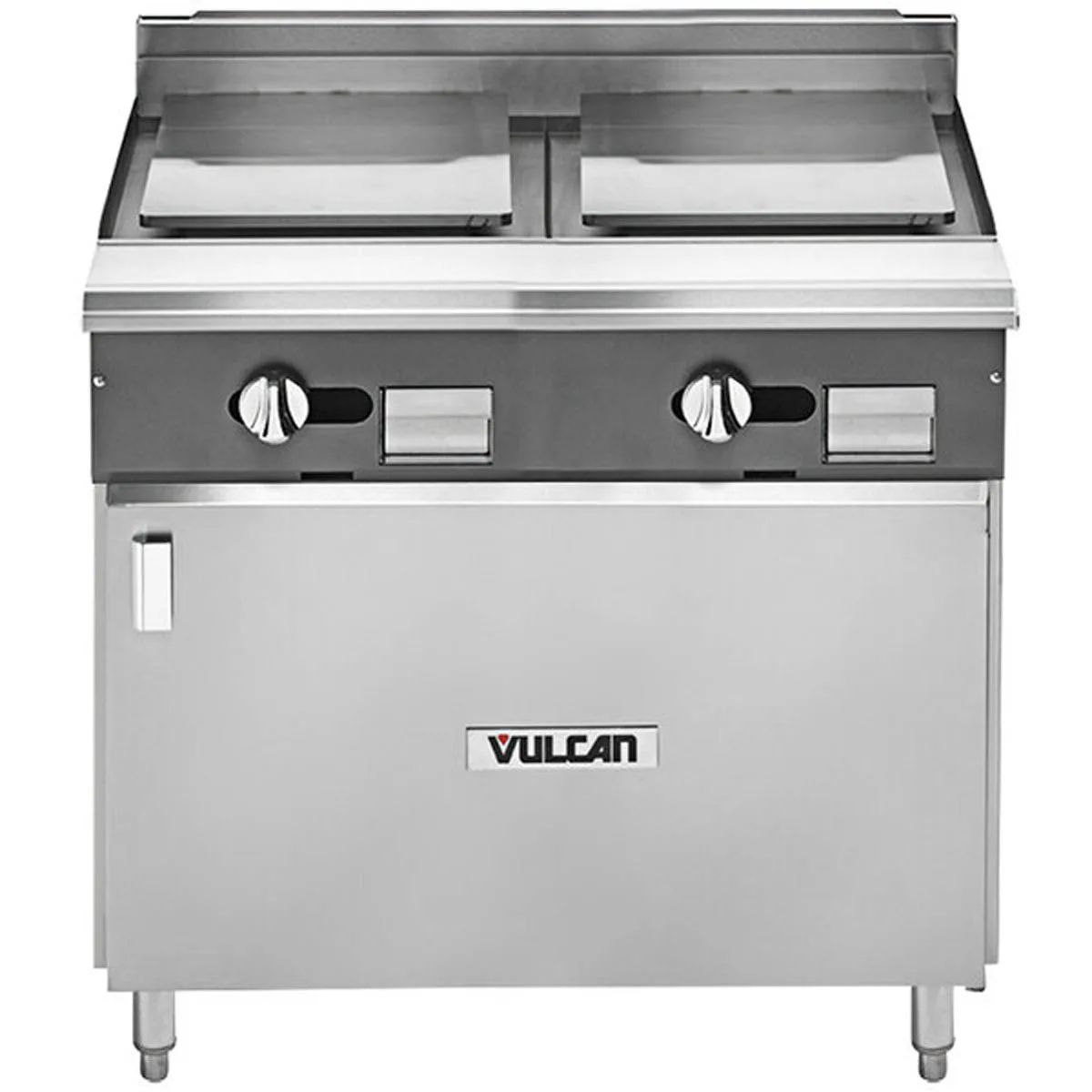 Vulcan V2P36B 36" Gas Heavy Duty Range w/ (2) Planca Griddles, (1) Cabinet Base, 35.000 BTU