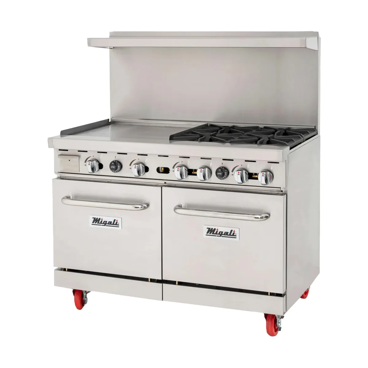 Migali C-RO4B-24GL-LP 4 Burner 48" LP Gas Range, 24" Griddle, 2 Space Saver Ovens, 188.000 BTU