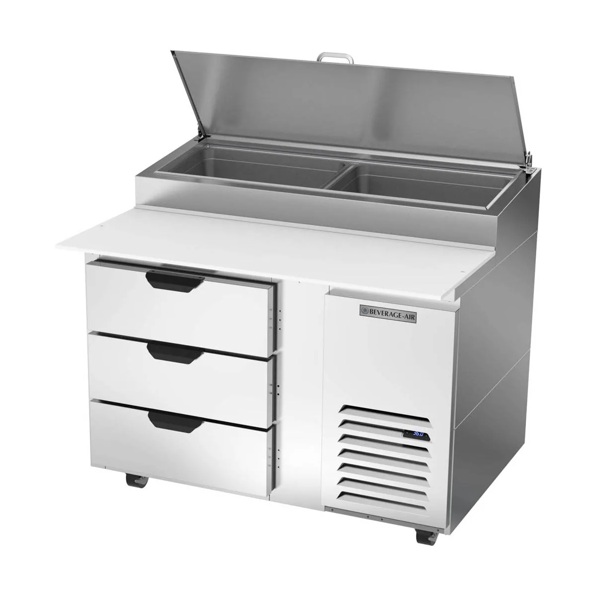 Beverage Air DPD46HC-3 46" 1-Section Refrigerated Pizza Prep Table w/ 3 Drawers, 12 cu. ft.