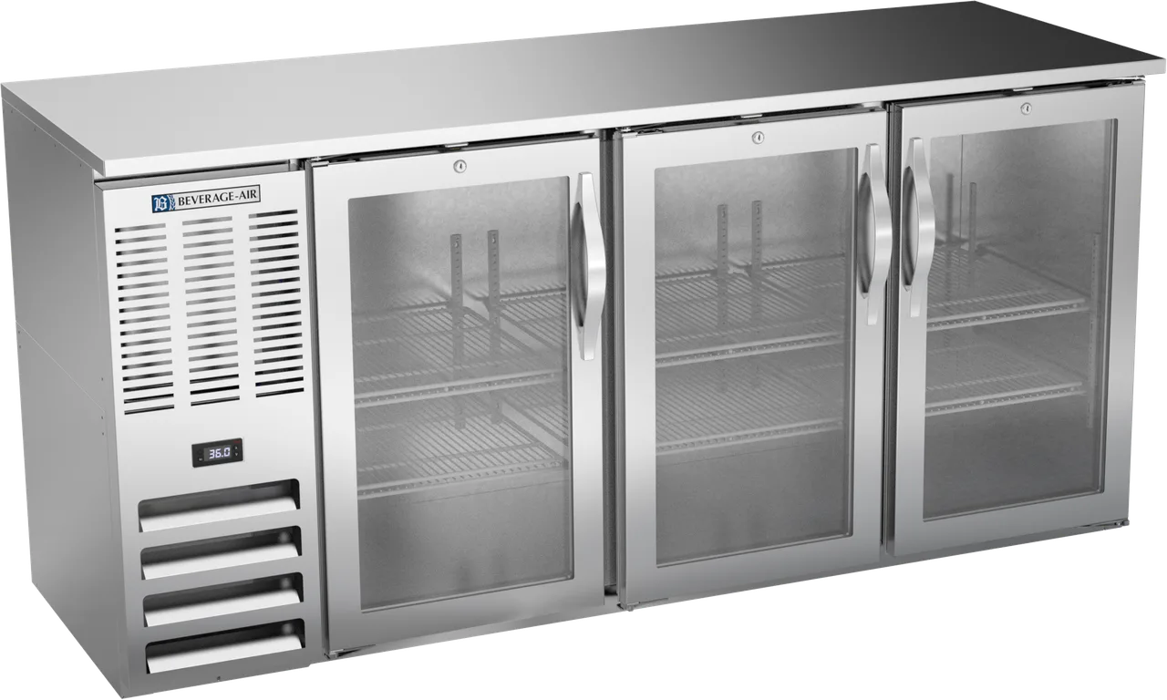 Beverage Air BBN72HC-G-S Cooler, 72"W x 26-3/8"D x 34"H, 19.6 cu ft, 3 Glass Doors, Stainless, LED