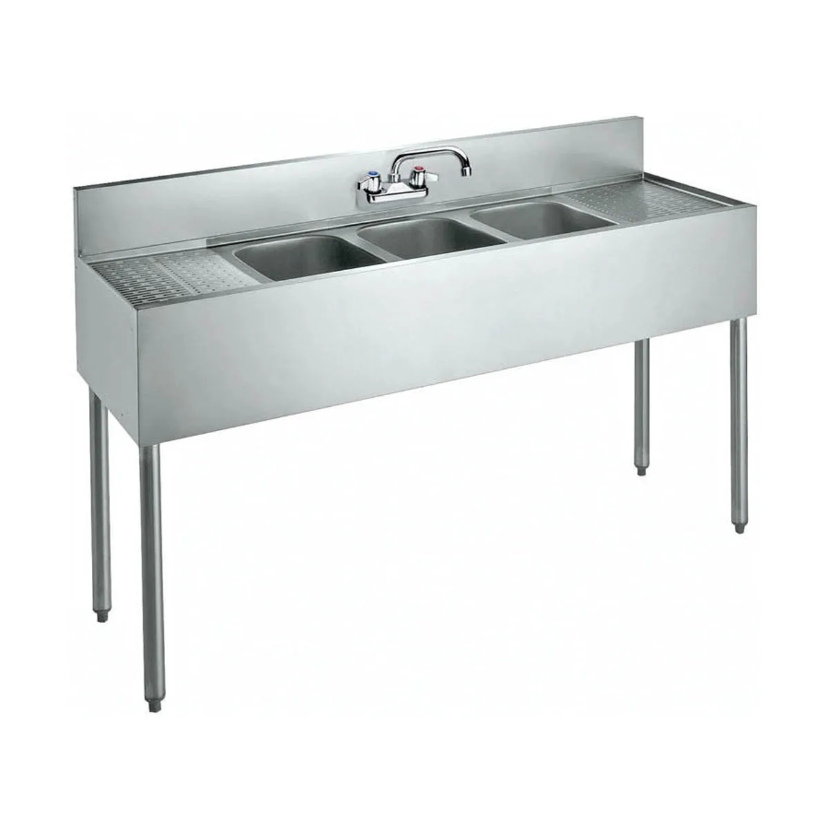 Krowne CS-1860 60" Three Compartment Sink, 10"W x 14"L Bowl With 2 Drainboards