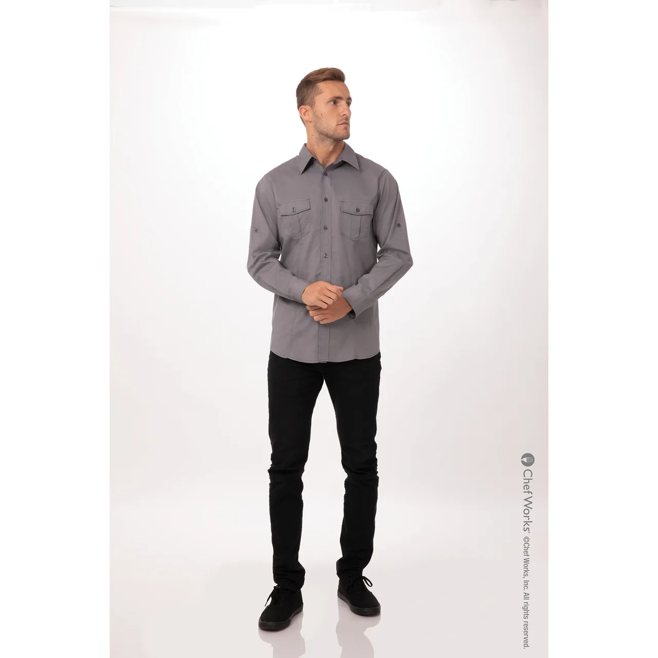 Chef Works DPDS-GRY-3XL Men's Pilot Shirt Gray, 3XL, Poly/Cotton, Roll-Up Long Sleeves, Button Front