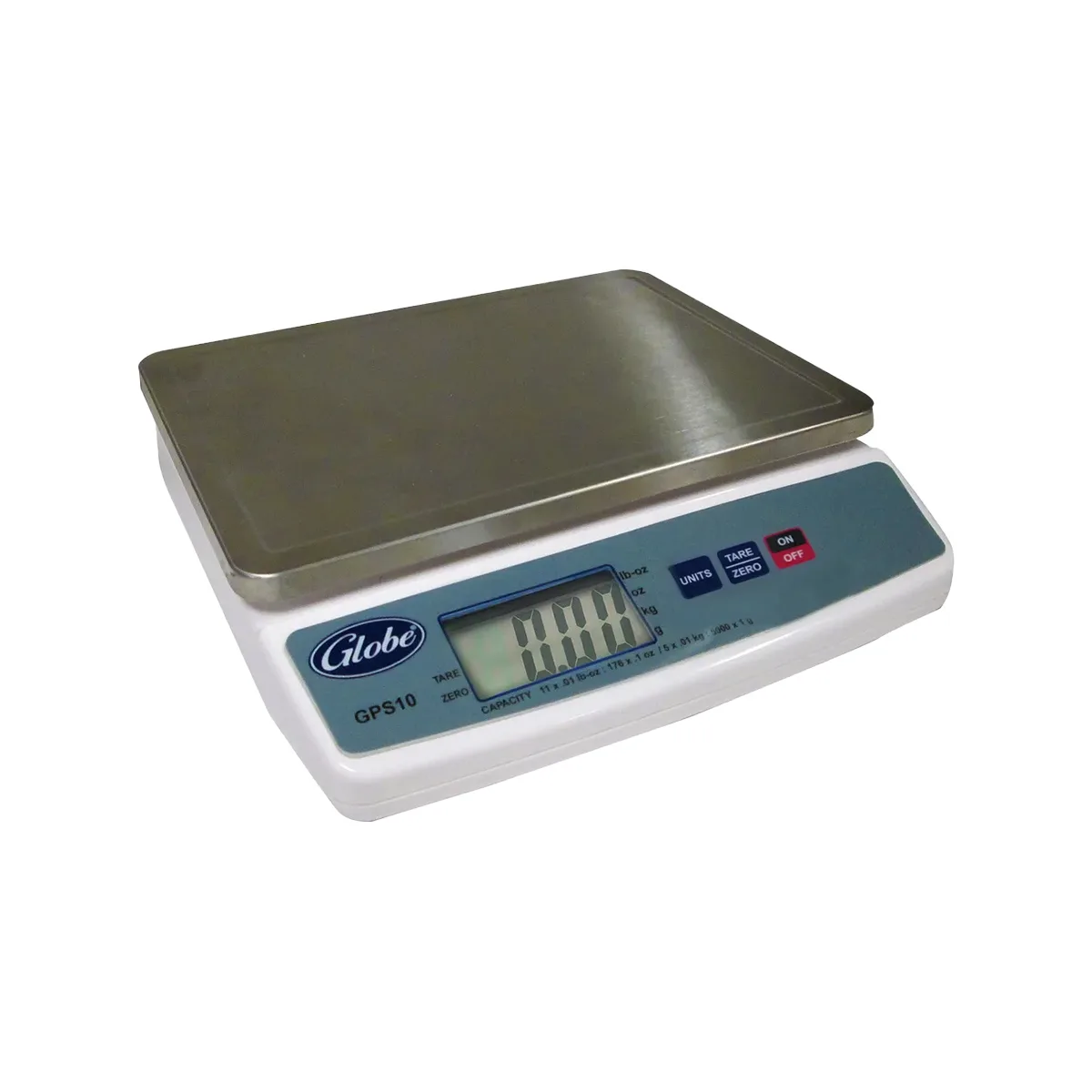 Globe GPS10-8 Portion Scale, 11 lb Capacity, 9"x7" Stainless Platter, Push‑Button Tare, 115V AC