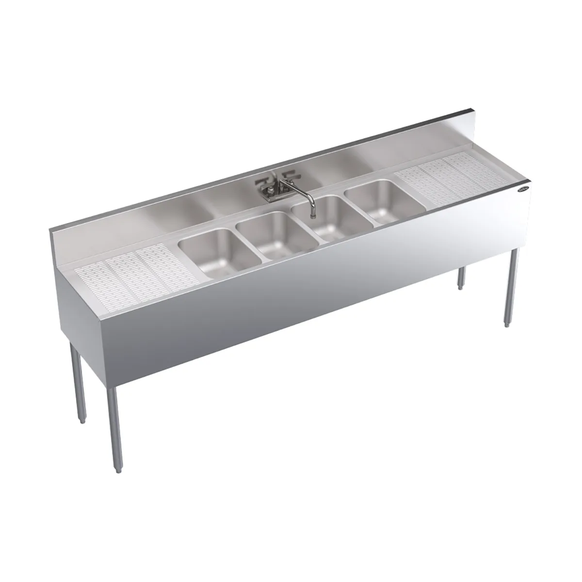 Krowne KR19-74C 84" 4 Compartment Underbar Sink w/ 2 Drainboards, Splash-Mount Faucet