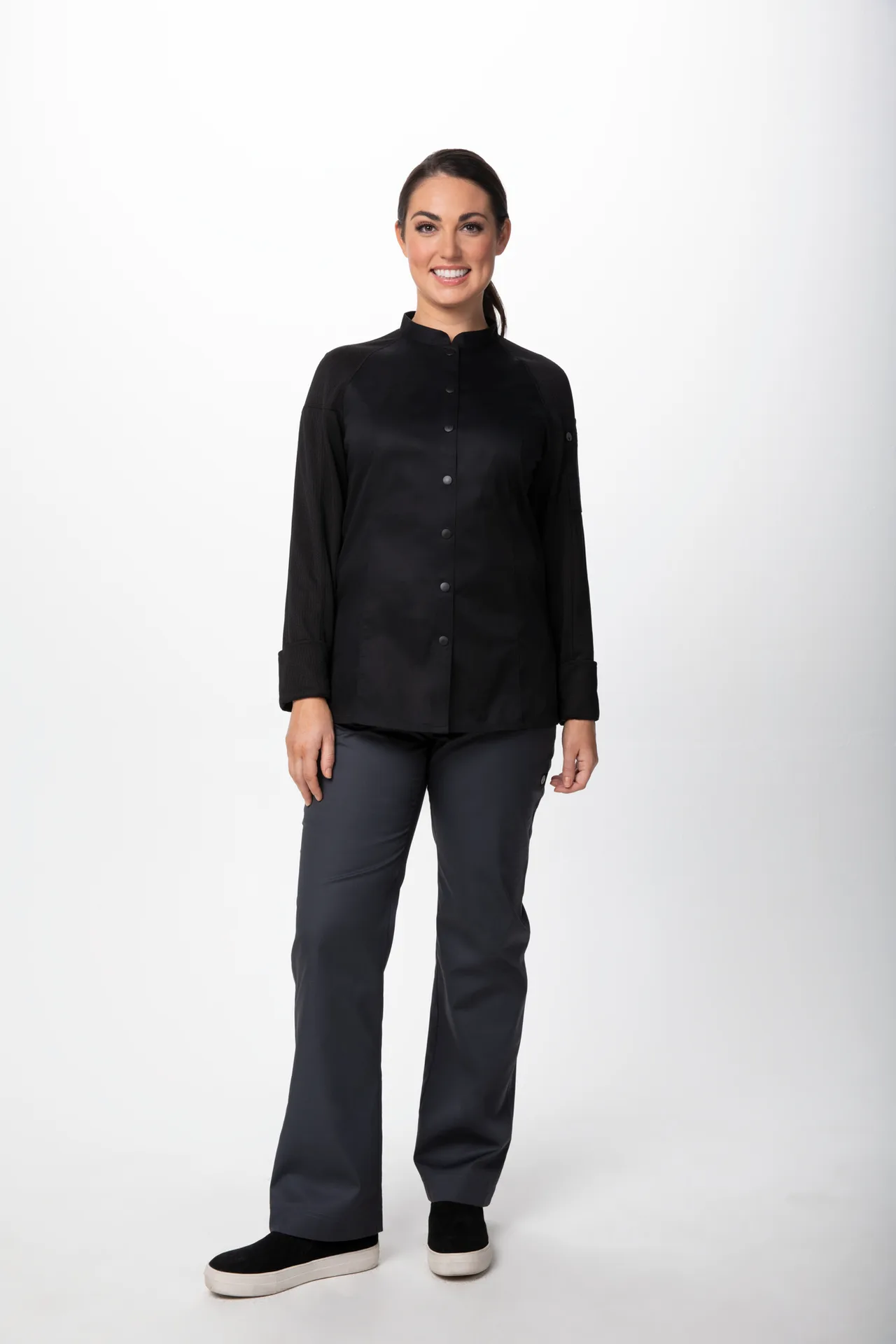Chef Works CBS01W-BLK-L Chef Coat, Sleeve, Snap Front, Mesh Pocket, 62/38 Poly Cotton, Black, L