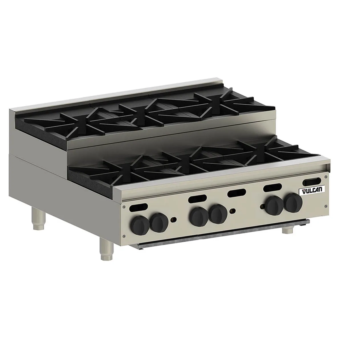 Vulcan VHP636U 36" Countertop Step-Up Gas Hotplate with (6) Burners, Infinite Controls, 180.000 BTU
