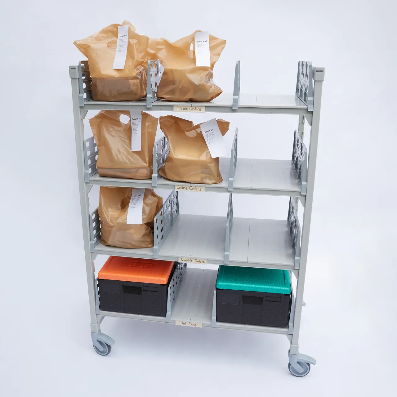 Cambro CPM244875FX4480 Mobile Flex Station Display Rack w/ (4) Solid Shelves, Steel/Poly