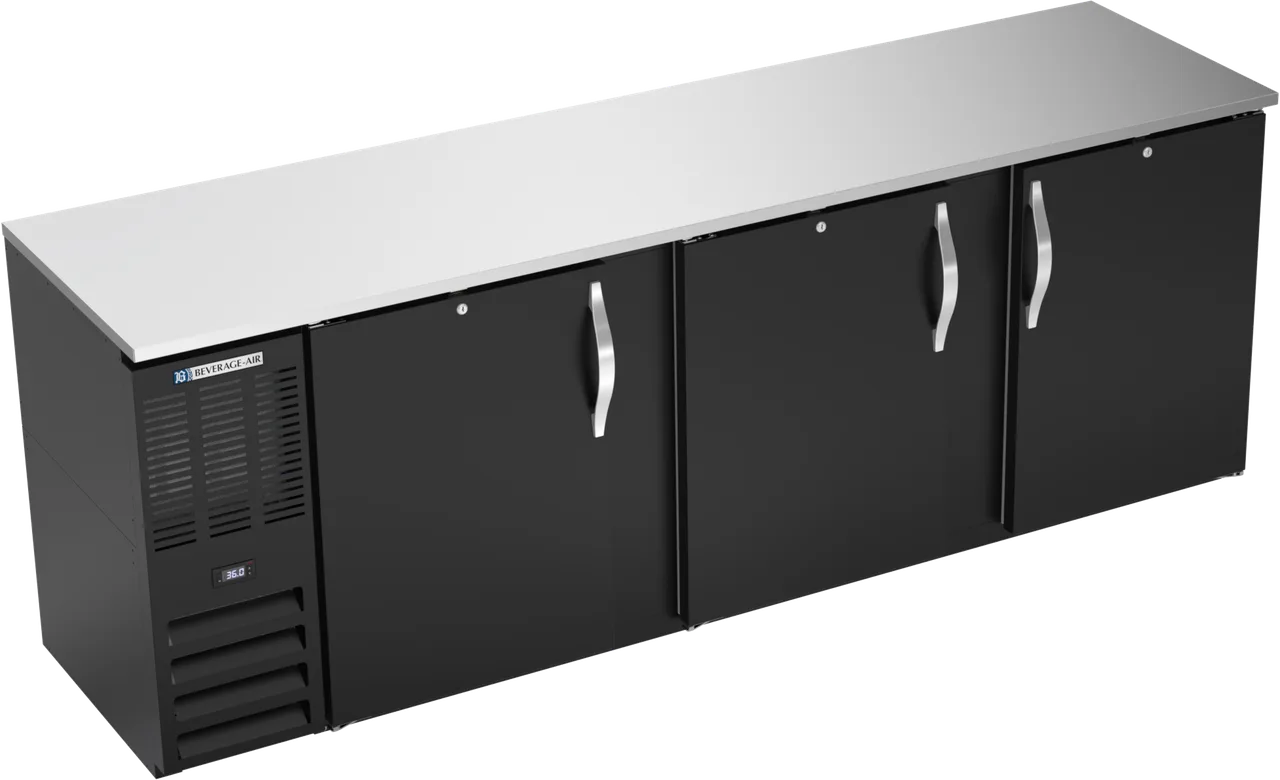 Beverage Air BBN94HC-F-B Cooler, 94"W x 26"D x 34"H, 27 cu ft, Black Top, 3 Doors, R290, 1/3 HP 115V
