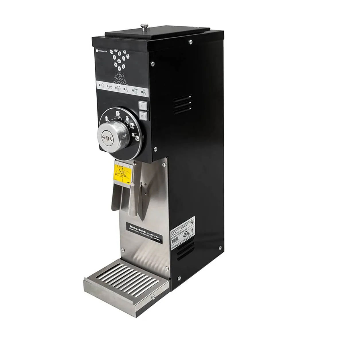 Grindmaster 890BS 7" Wide Space Saver Retail Coffee Grinder w/ 3.0 lbs. Hopper Cap - 1/2 HP - Black