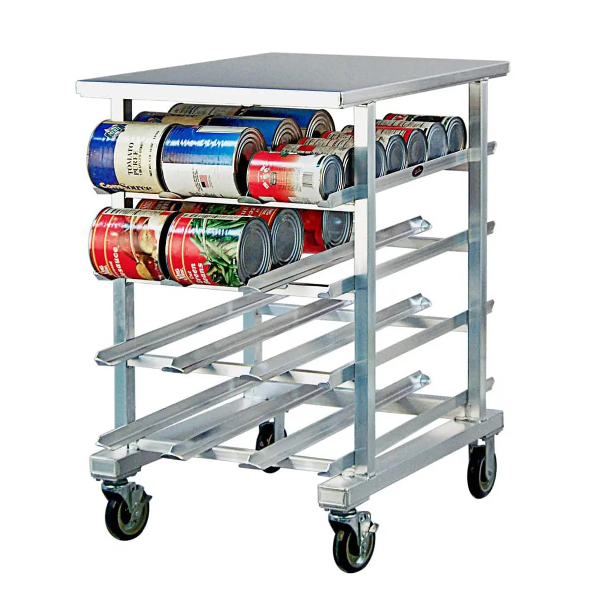 New Age 1226 Aluminum Mobile Can Storage Rack with 72 #10 Cans Capacity and Aluminum Top