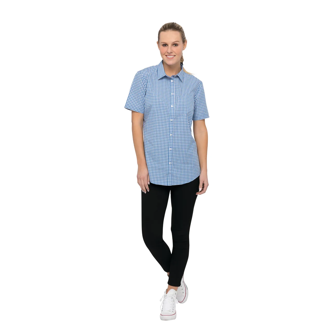 Chef Works SHC02W-BLU-2XL Women's Gingham Cook Shirt, Short Sleeves, Blue, 2XL, 65/35 Poly/Cotton