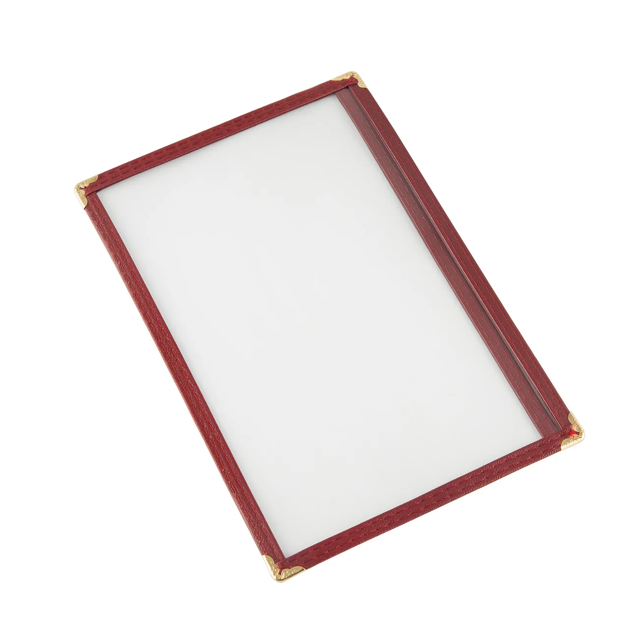 CAC China MCP1-58BY Menu Cover, 1-Pocket Vinyl, 8½" x 5½" Double‑Sided, Brass Corners, Burgundy Trim