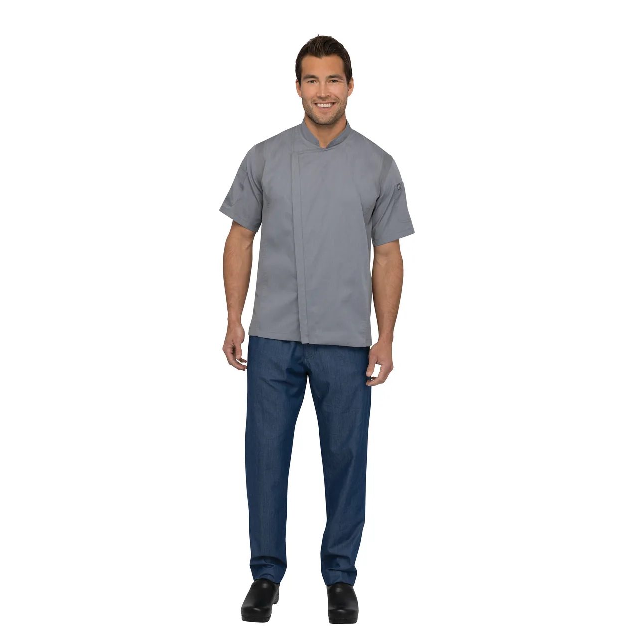 Chef Works BCSZ009-GRY-S Gray Short‑Sleeve Chef Coat Unisex Fit Cool Vent™ Sides 2‑Way Zipper