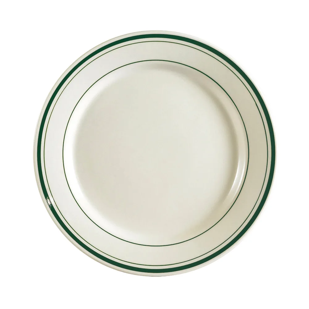CACChina GS-31 Greenbrier Plate, 6-1/4" Dia. x 1/2" H, Round Rolled Ceramic GreenBand/White-1 Dozen