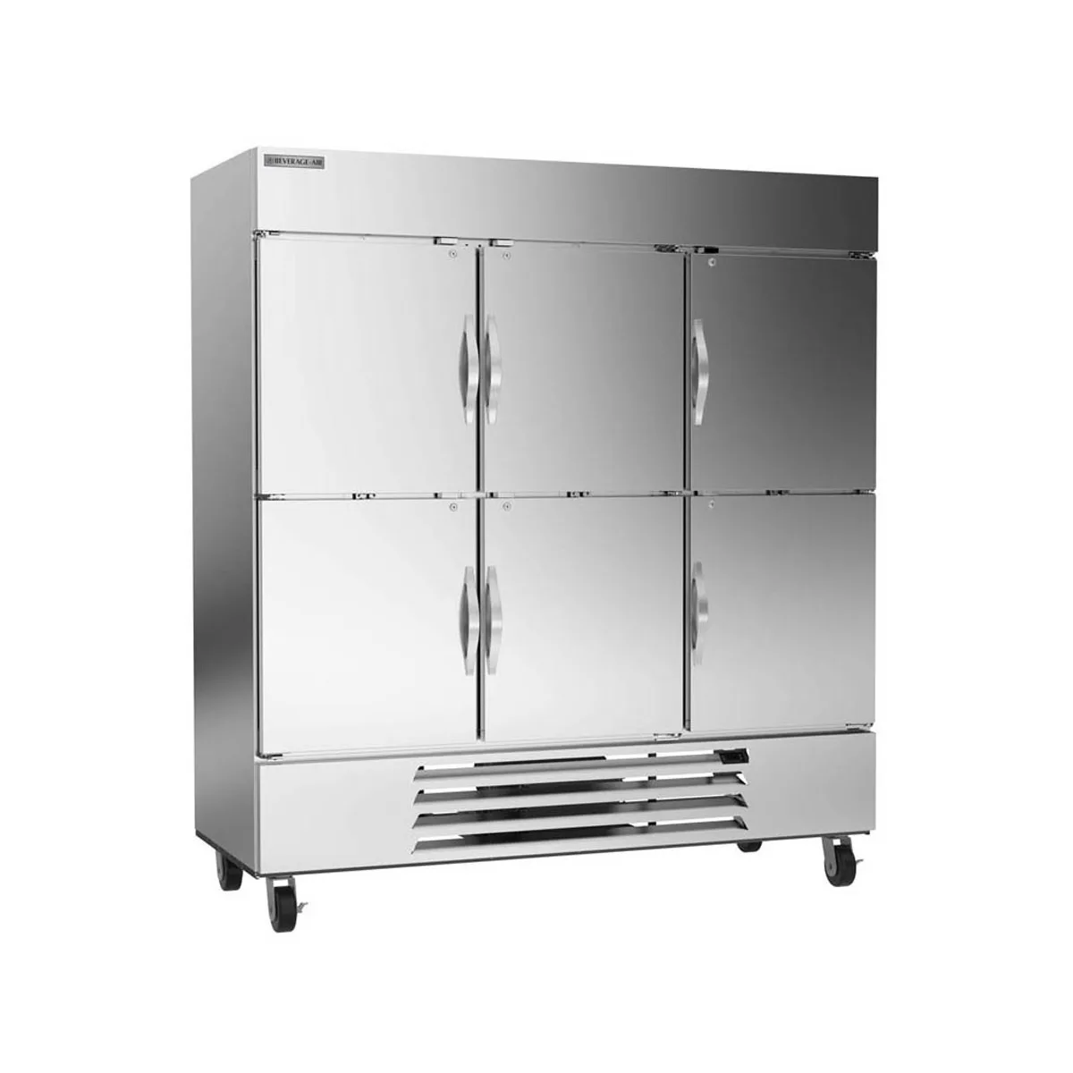 Beverage Air HBF72HC-5-HS 75" 3-Section Reach-In Freezer, 6 Half Solid Doors, Bottom Mount, 68.43 cu. ft., Stainless Steel
