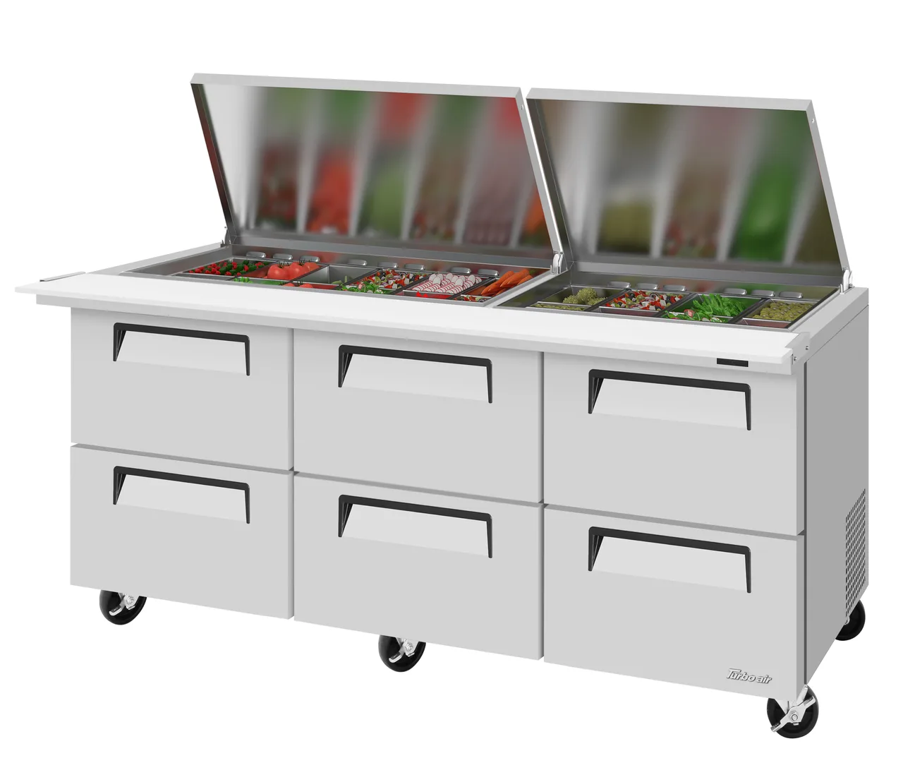Turbo Air TST-72SD-30-D6-N-FL 72" 3-Section Mega Top Sandwich Prep Table w/ 6 Drawers, 30 Pans, Stainless Steel