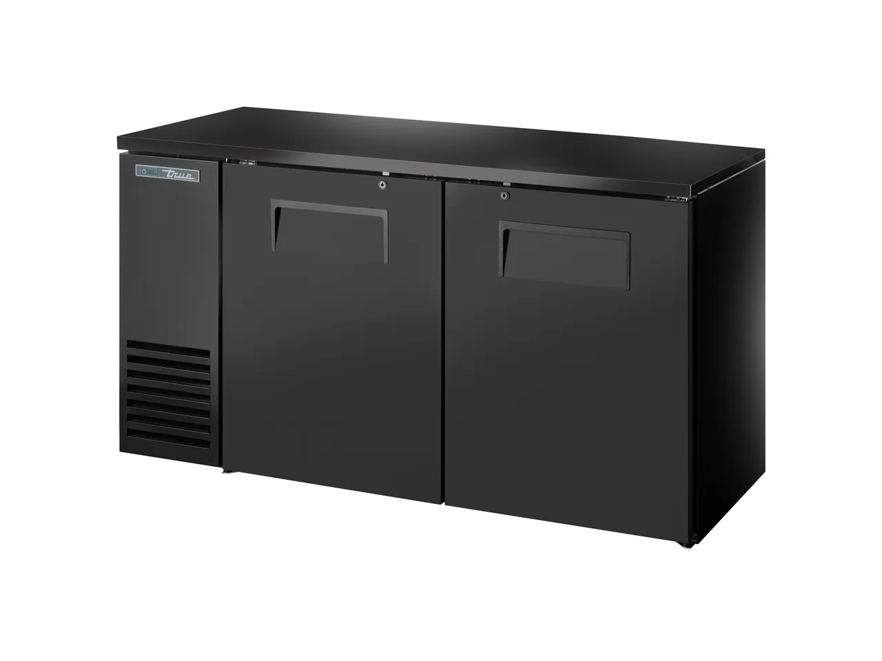 True TBB24-60-2S-Z1-BST-B-1 60" Two‑Section Back Bar Cooler, Black Steel, 4‑Shelf, 115V, USA Made