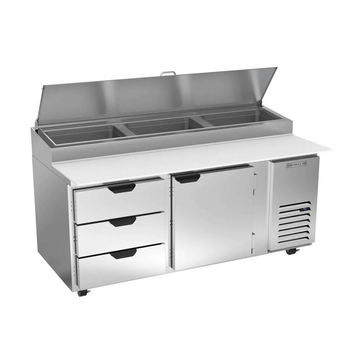 Beverage Air DPD72HC-3 72" 2-Section Refrigerated Pizza Prep Table w/ 1 Door & 3 Drawers
